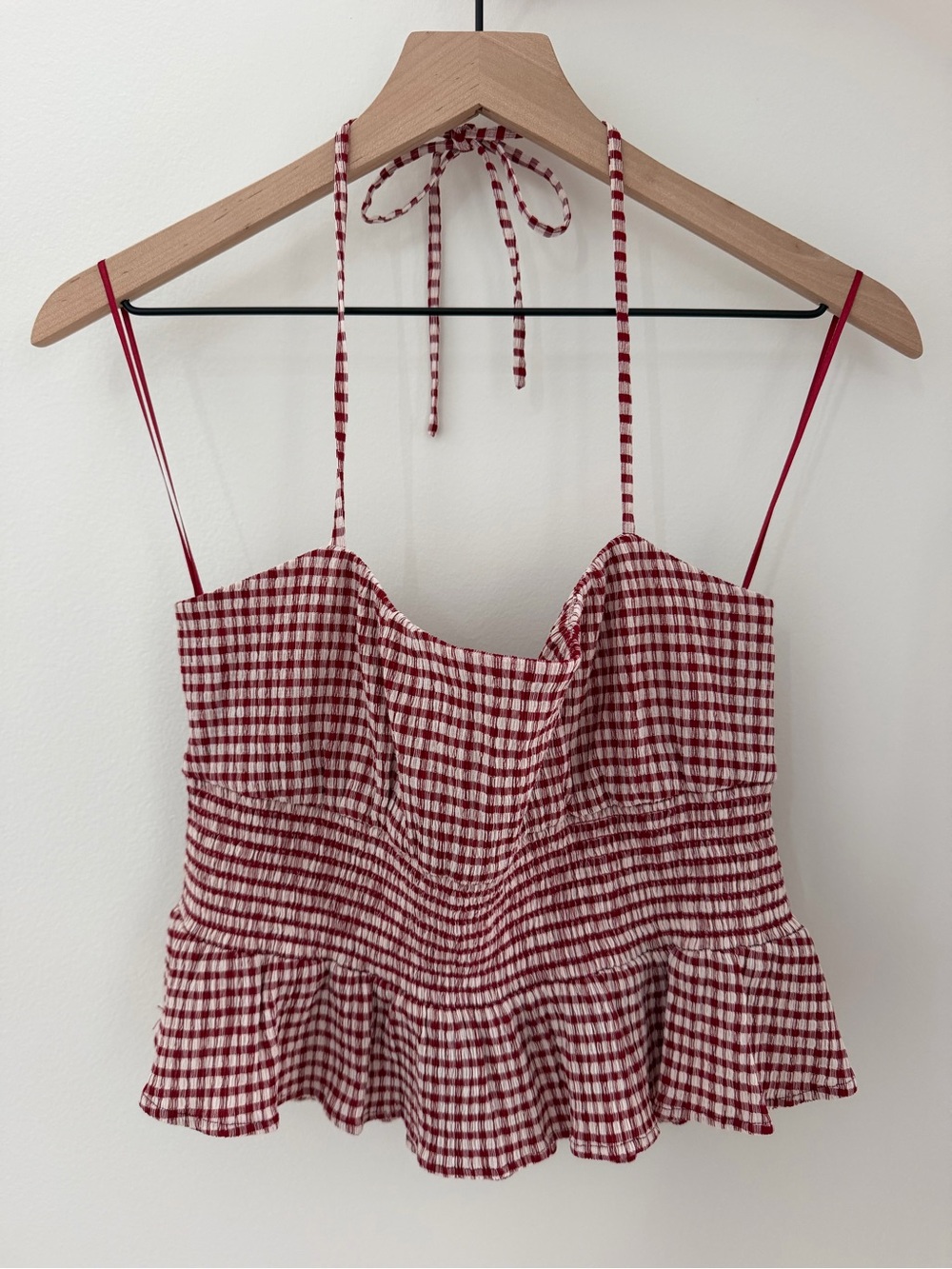 Reformation Red Gingham Tie-Strap Crop Top